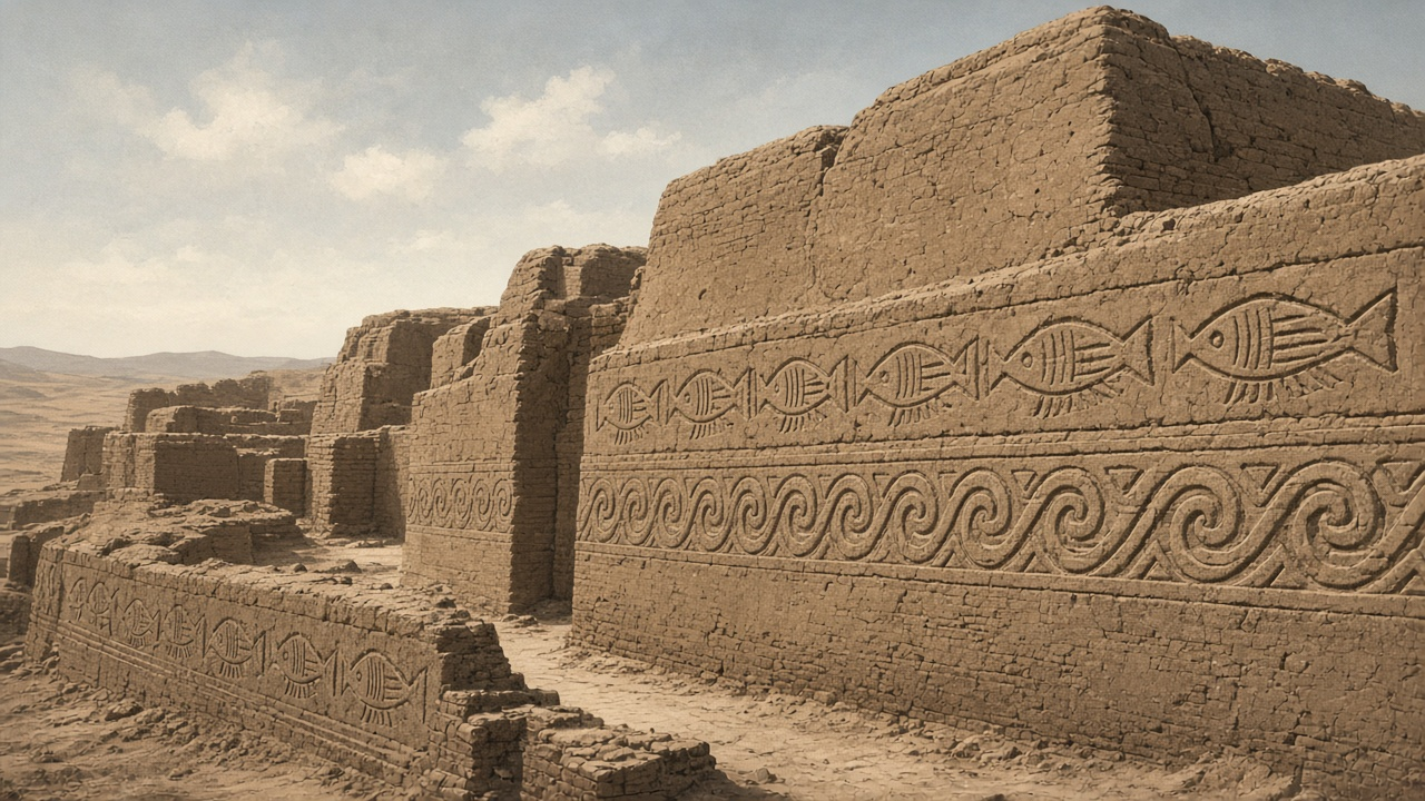 Illustration of Chimú adobe walls with fish and wave friezes