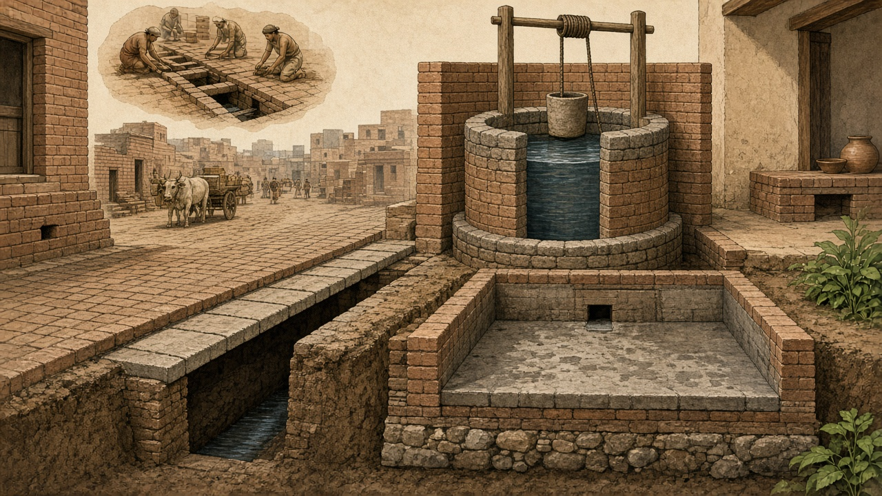 Diagram of Indus wells, bathing platforms, and covered street drains