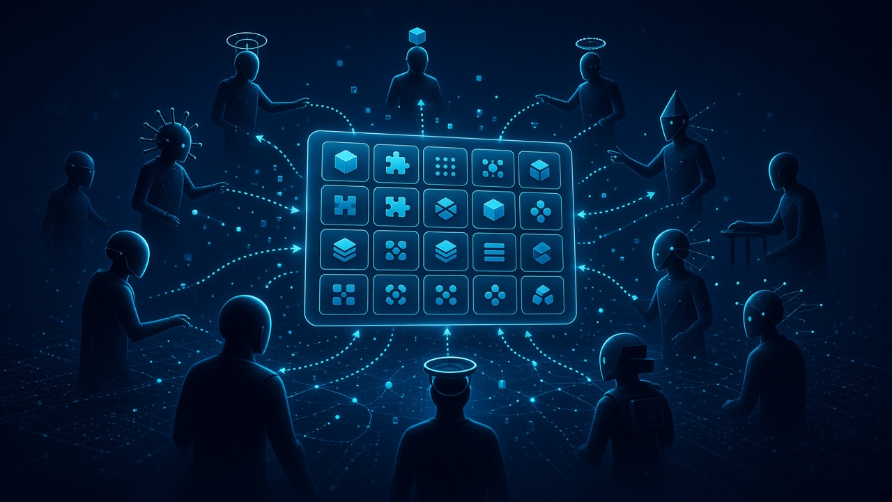 Conceptual illustration of AI agents coordinating around a shared digital board