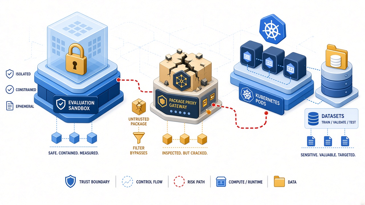 Conceptual diagram of sandbox escape through a package proxy into Kubernetes and datasets