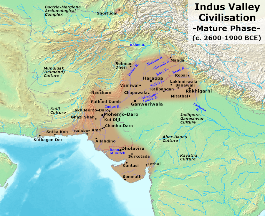 Map of the Mature Harappan Indus Civilization phase 2600-1900 BCE