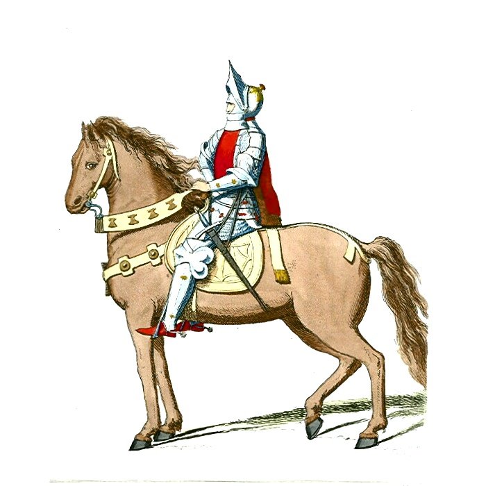 Historical illustration of an armored knight on horseback