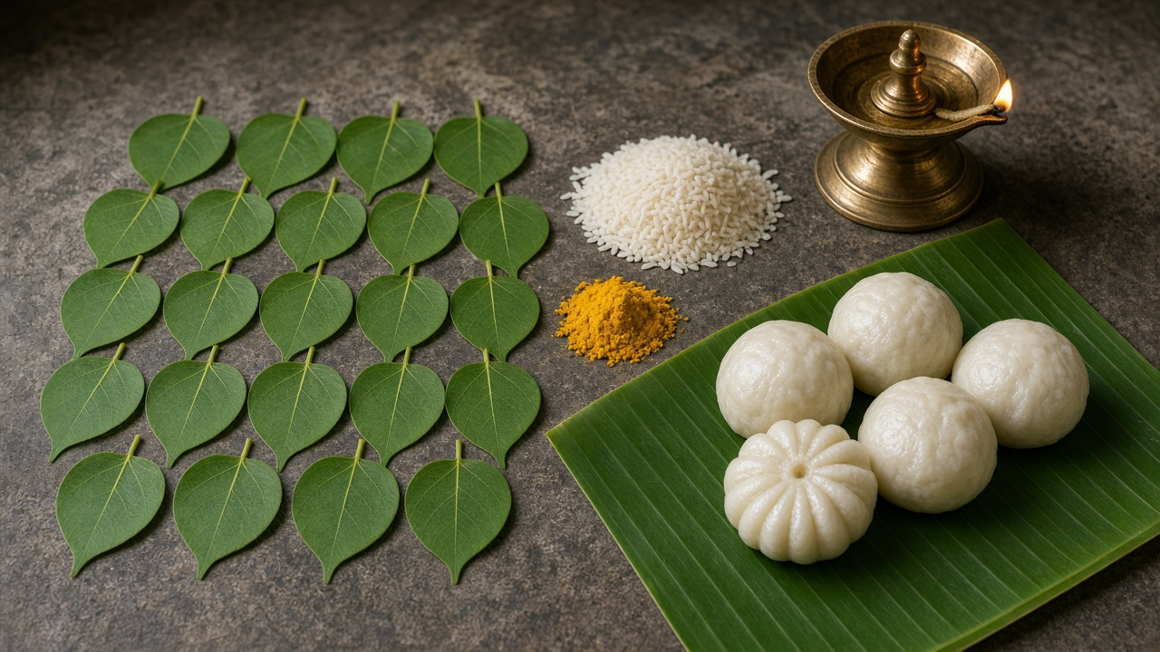 Sacred leaves, turmeric, rice, lamp, and steamed dumplings for Vinayaka puja