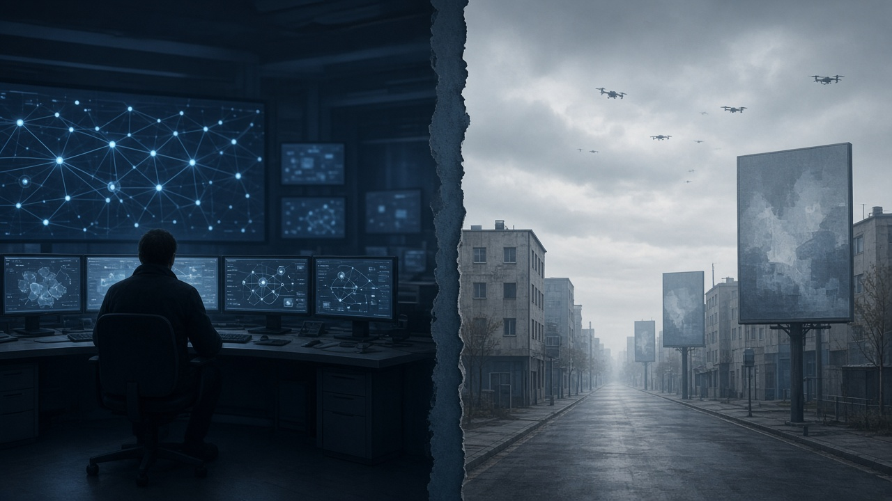 Conceptual illustration of modern cyber and drone warfare