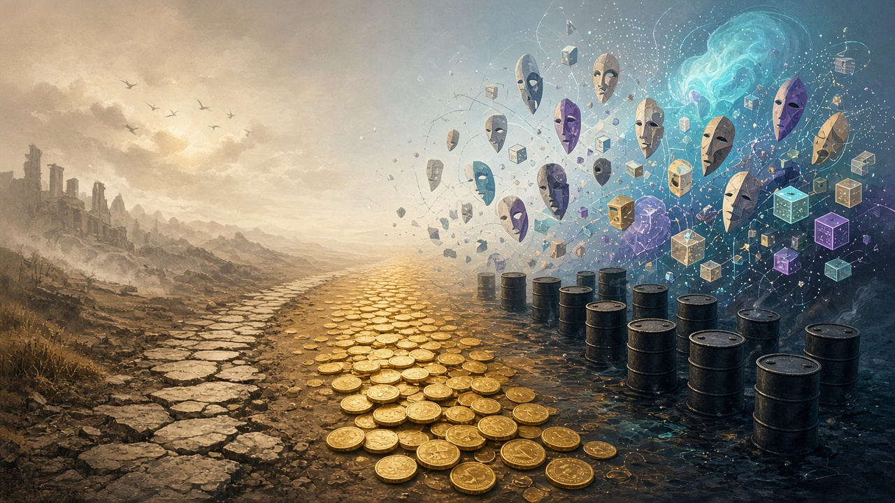 Symbolic path from scarce land to gold, oil, and digital identity motifs