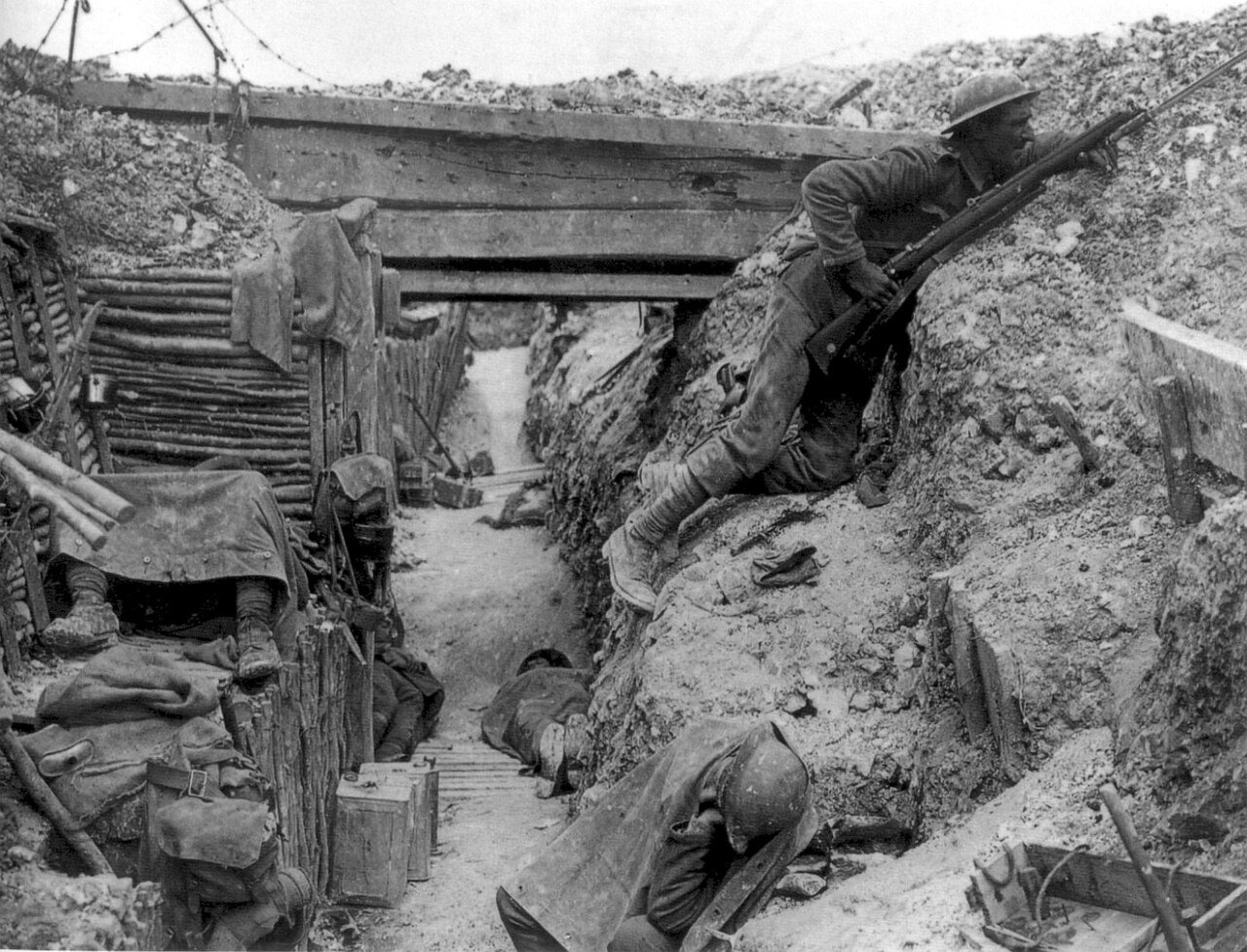 British soldiers in a captured German trench on the Somme, 1916